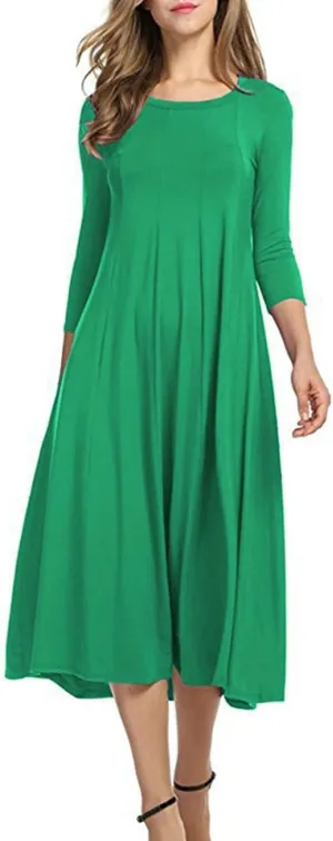 Spring Dresses for Women Trendy 2025 Half Sleeve Crewneck Pleated Flowy Midi Dress Elegant Casual Summer Ladies Dress