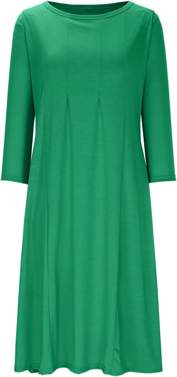 Spring Dresses for Women Trendy 2025 Half Sleeve Crewneck Pleated Flowy Midi Dress Elegant Casual Summer Ladies Dress