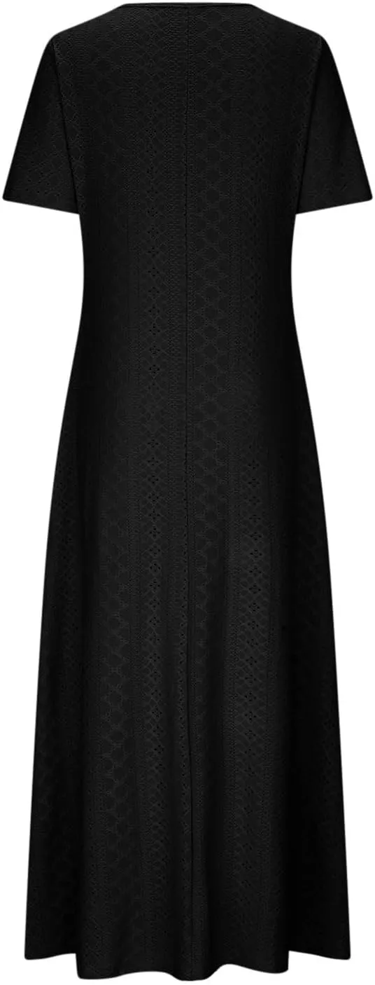 Spring Maxi Dresses for Women 2025 Summer Casual Petal Sleeve Eyelet Dress Fashion Trendy Loose Swing Flowy Long Dress