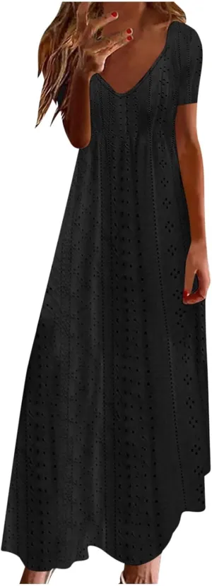 Spring Maxi Dresses for Women 2025 Summer Casual Petal Sleeve Eyelet Dress Fashion Trendy Loose Swing Flowy Long Dress