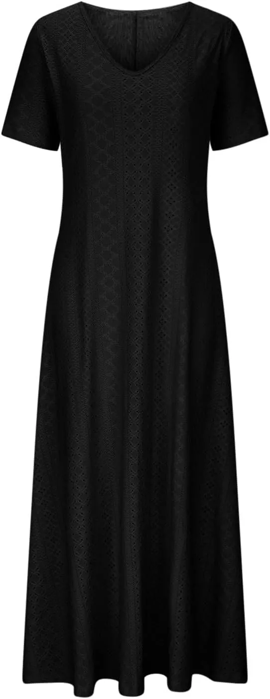 Spring Maxi Dresses for Women 2025 Summer Casual Petal Sleeve Eyelet Dress Fashion Trendy Loose Swing Flowy Long Dress
