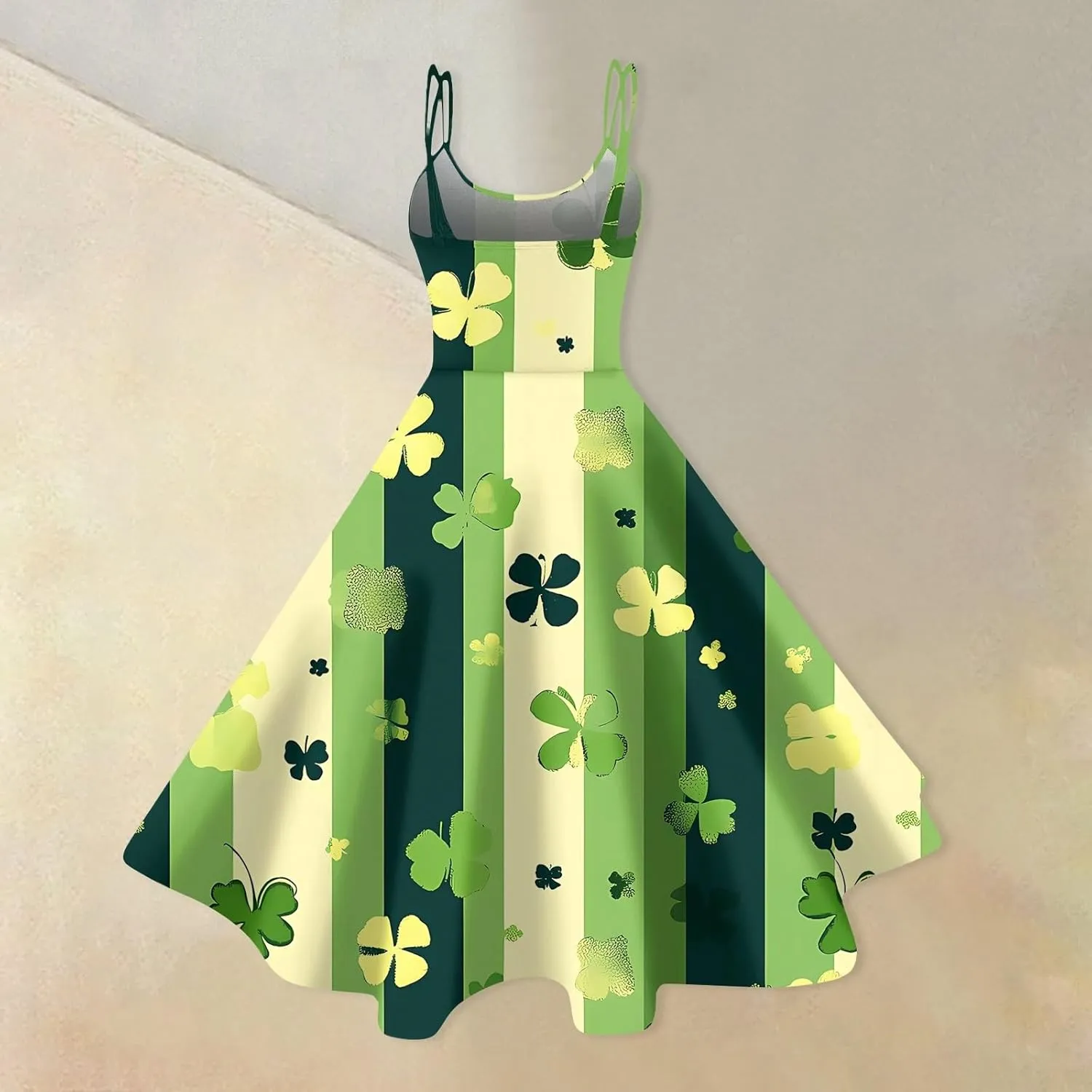 St Patrick's Day Dress Womens Loose Off Shoulder Vintage Sleeveless Midi A-Line Shamrock Print Swing Dresses