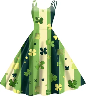 St Patrick's Day Dress Womens Loose Off Shoulder Vintage Sleeveless Midi A-Line Shamrock Print Swing Dresses
