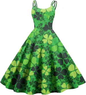 St Patrick's Day Dress Womens Loose Off Shoulder Vintage Sleeveless Midi A-Line Shamrock Print Swing Dresses