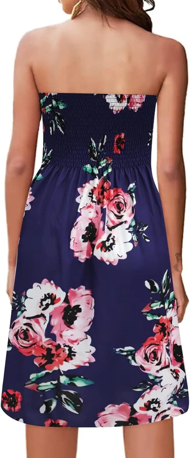Strapless Dress for Women Summer Beach Smocked Sundresses Casual Tub Top Dress