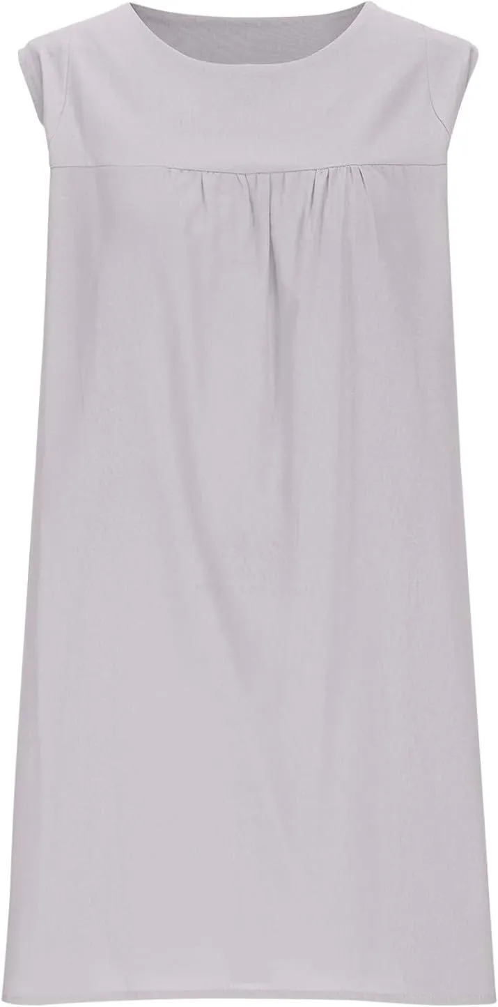 Summer Cotton Linen Dress for Women Casual Sleeveless Crewneck Ruched Sundress Plus Size Solid Loose Beach Dresses