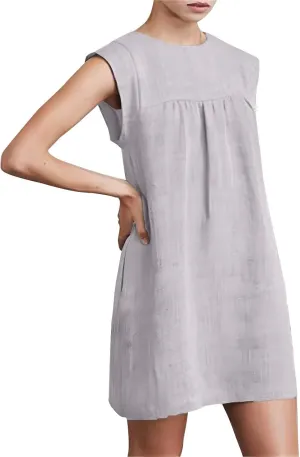 Summer Cotton Linen Dress for Women Casual Sleeveless Crewneck Ruched Sundress Plus Size Solid Loose Beach Dresses
