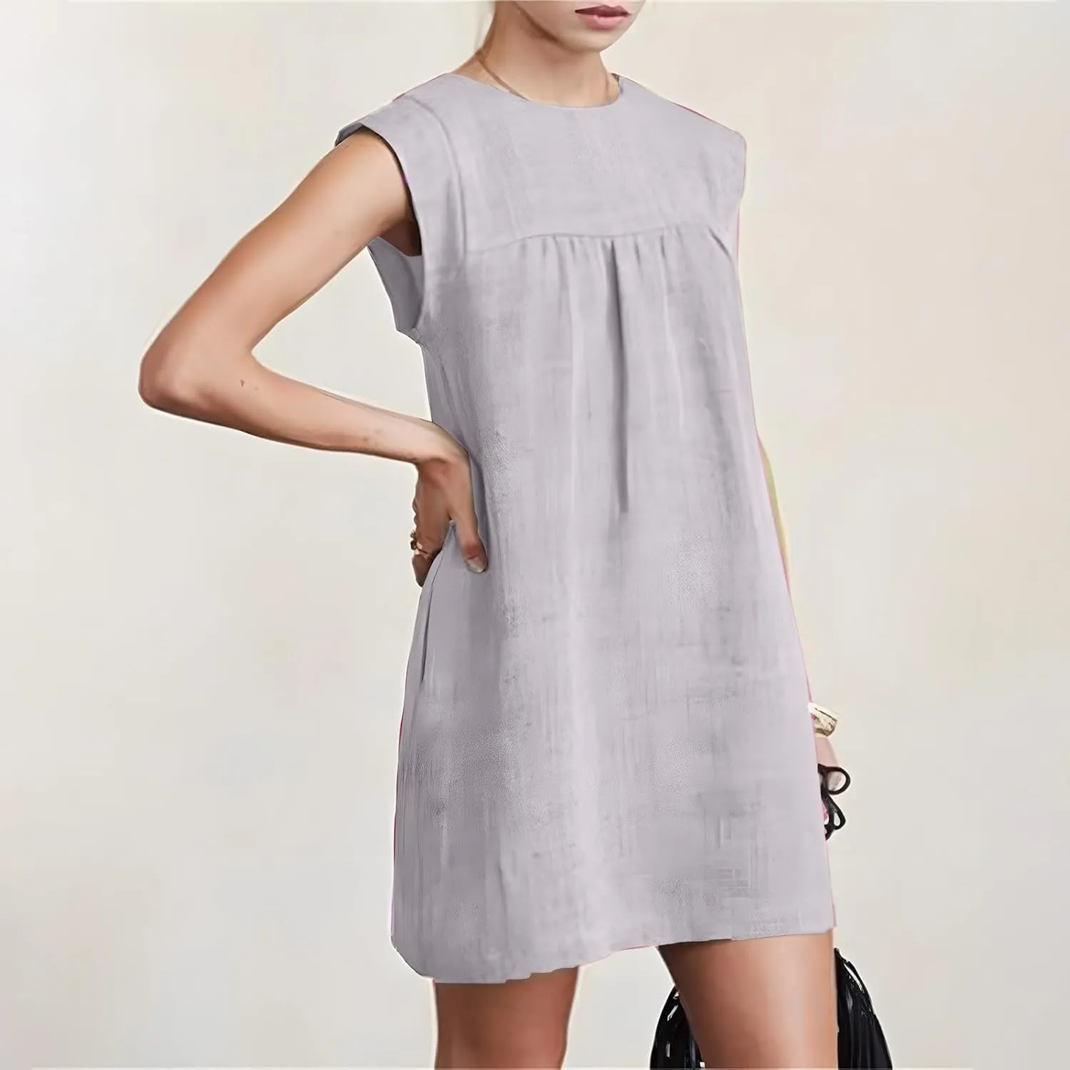 Summer Cotton Linen Dress for Women Casual Sleeveless Crewneck Ruched Sundress Plus Size Solid Loose Beach Dresses