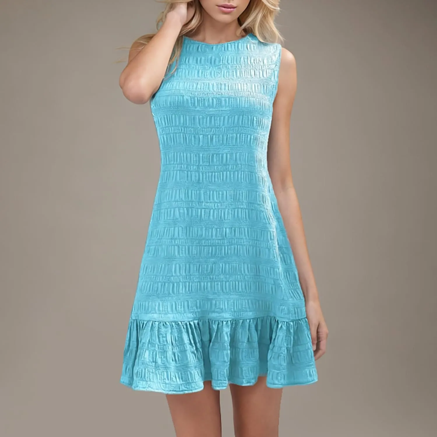 Summer Dress Women Mini Ruffle Hem Sleeveless Round Neck Solid Textured Casual Beach Holiday Party Boho Sundress