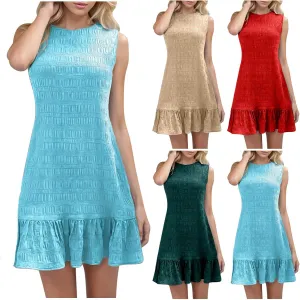 Summer Dress Women Mini Ruffle Hem Sleeveless Round Neck Solid Textured Casual Beach Holiday Party Boho Sundress