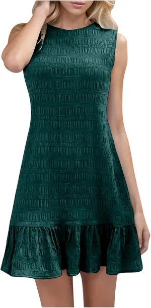 Summer Dress Women Mini Ruffle Hem Sleeveless Round Neck Solid Textured Casual Beach Holiday Party Boho Sundress