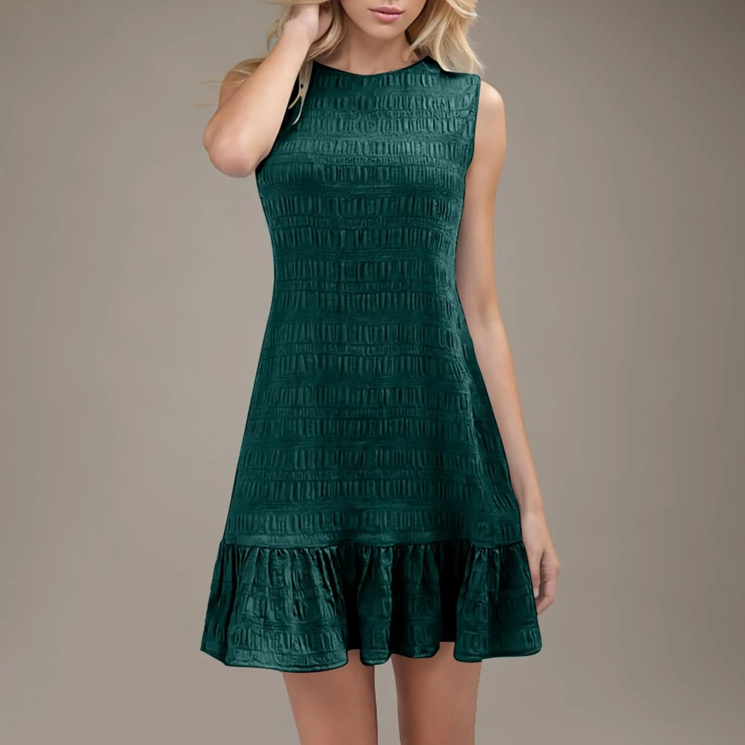 Summer Dress Women Mini Ruffle Hem Sleeveless Round Neck Solid Textured Casual Beach Holiday Party Boho Sundress