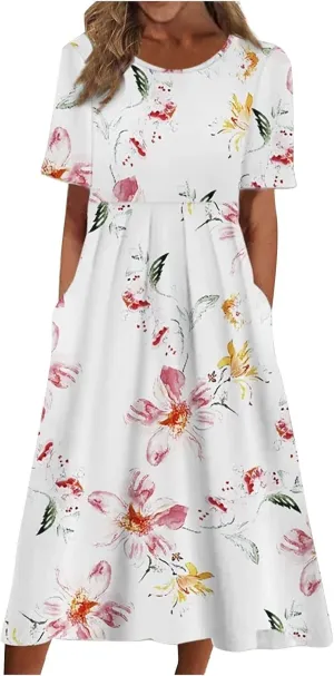 Summer Dresses for Women 2024 Boho Floral Dress Short Sleeve Flowy A Line Swing Midi Dresses Cruise Beach Vacation Sundresses