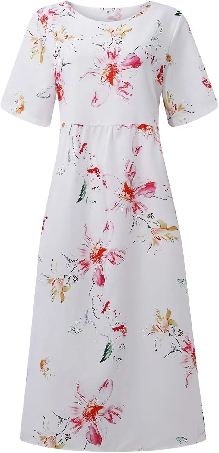 Summer Dresses for Women 2024 Boho Floral Dress Short Sleeve Flowy A Line Swing Midi Dresses Cruise Beach Vacation Sundresses