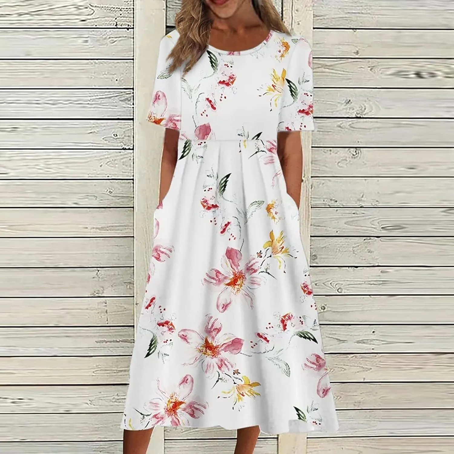 Summer Dresses for Women 2024 Boho Floral Dress Short Sleeve Flowy A Line Swing Midi Dresses Cruise Beach Vacation Sundresses