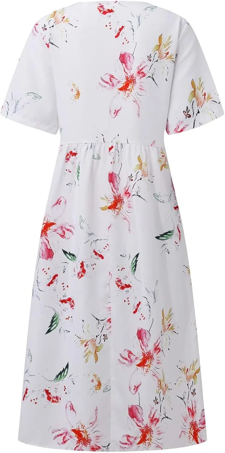 Summer Dresses for Women 2024 Boho Floral Dress Short Sleeve Flowy A Line Swing Midi Dresses Cruise Beach Vacation Sundresses