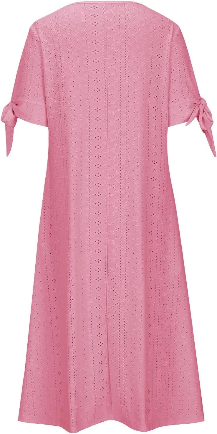 Summer Dresses for Women 2024 Casual V Neck Eyelet Boho Maxi Dresses Trendy Short Sleeve Beach Vacation Outfits with Pocket