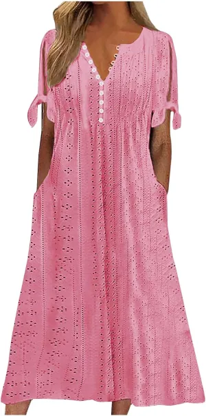 Summer Dresses for Women 2024 Casual V Neck Eyelet Boho Maxi Dresses Trendy Short Sleeve Beach Vacation Outfits with Pocket