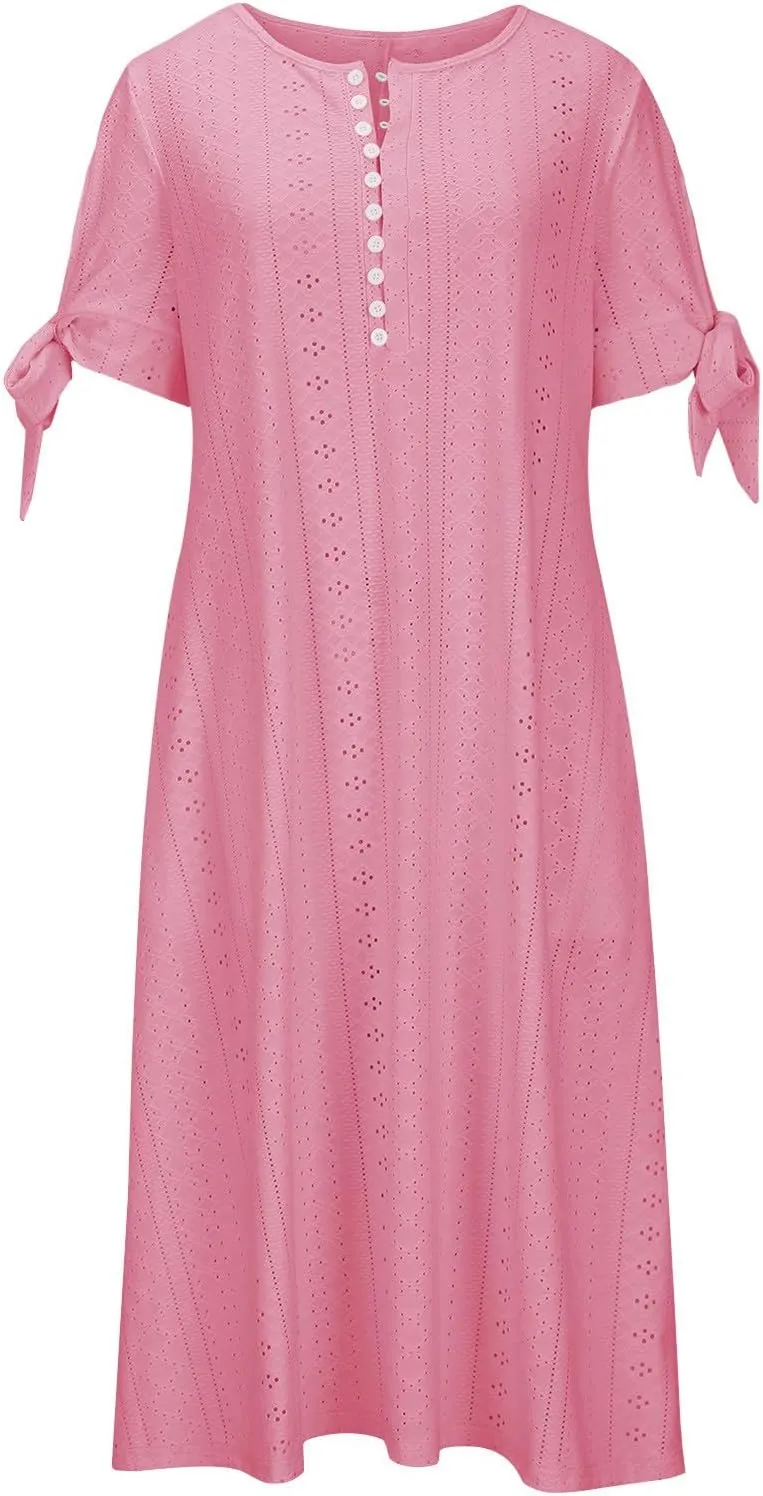 Summer Dresses for Women 2024 Casual V Neck Eyelet Boho Maxi Dresses Trendy Short Sleeve Beach Vacation Outfits with Pocket