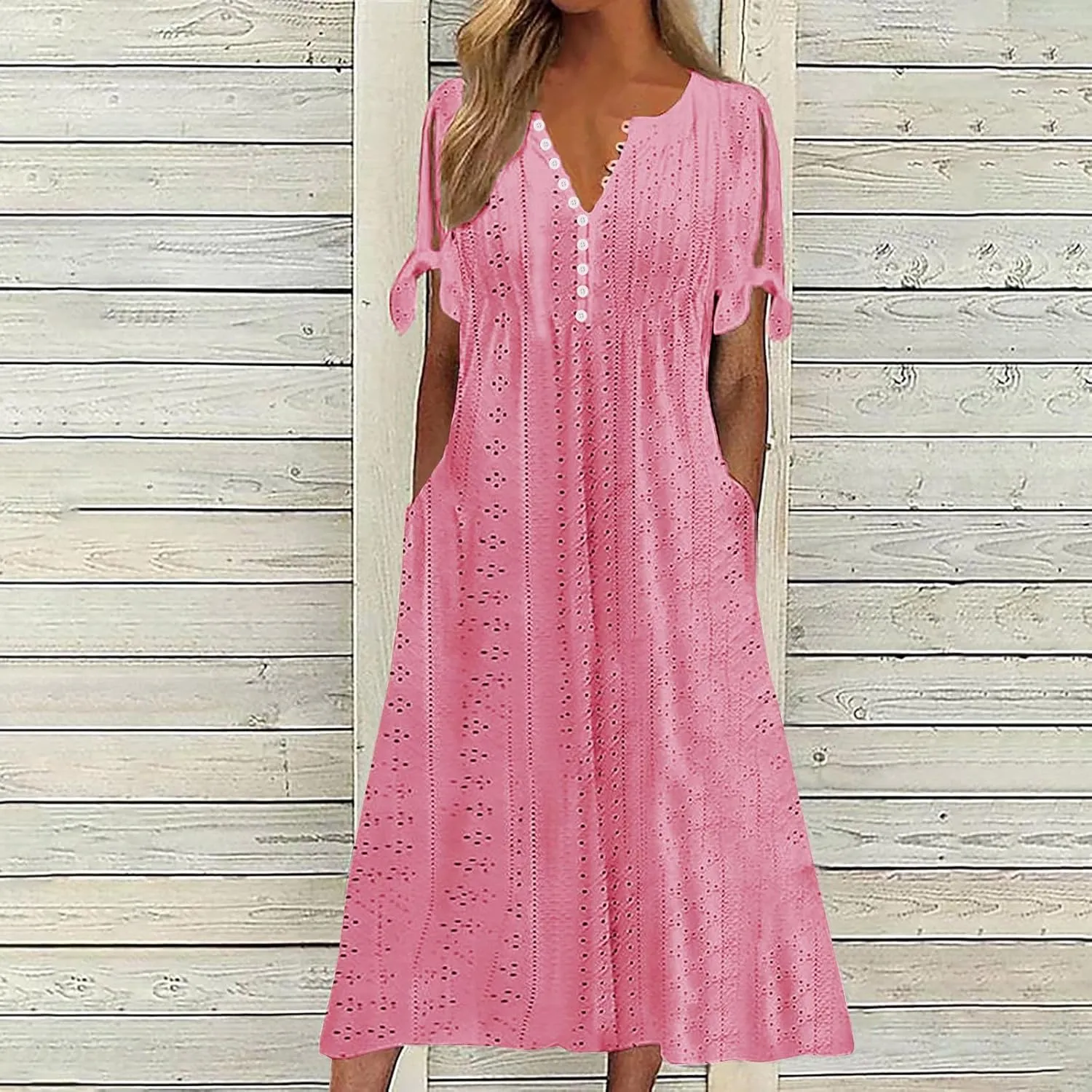Summer Dresses for Women 2024 Casual V Neck Eyelet Boho Maxi Dresses Trendy Short Sleeve Beach Vacation Outfits with Pocket