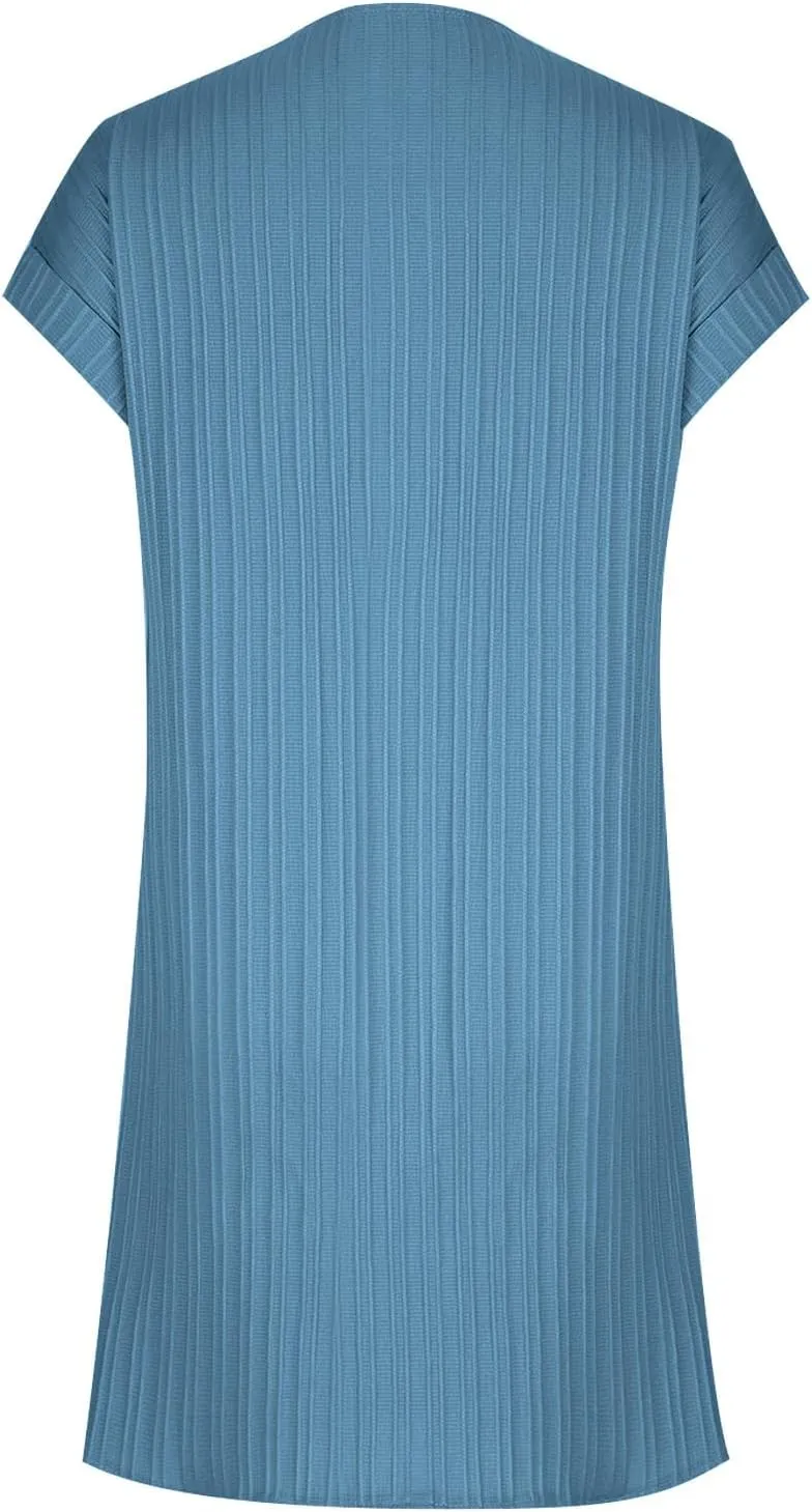 Summer Dresses for Women 2024 Casual V Neck Roll Up Cap Sleeve Mini Dress Beach Vacation A Line Pleated Sundress