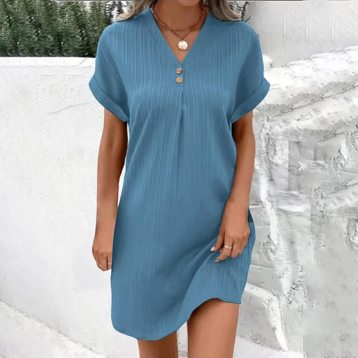 Summer Dresses for Women 2024 Casual V Neck Roll Up Cap Sleeve Mini Dress Beach Vacation A Line Pleated Sundress