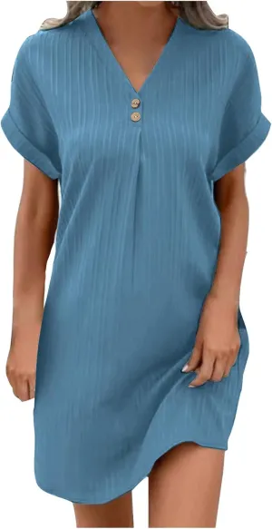 Summer Dresses for Women 2024 Casual V Neck Roll Up Cap Sleeve Mini Dress Beach Vacation A Line Pleated Sundress