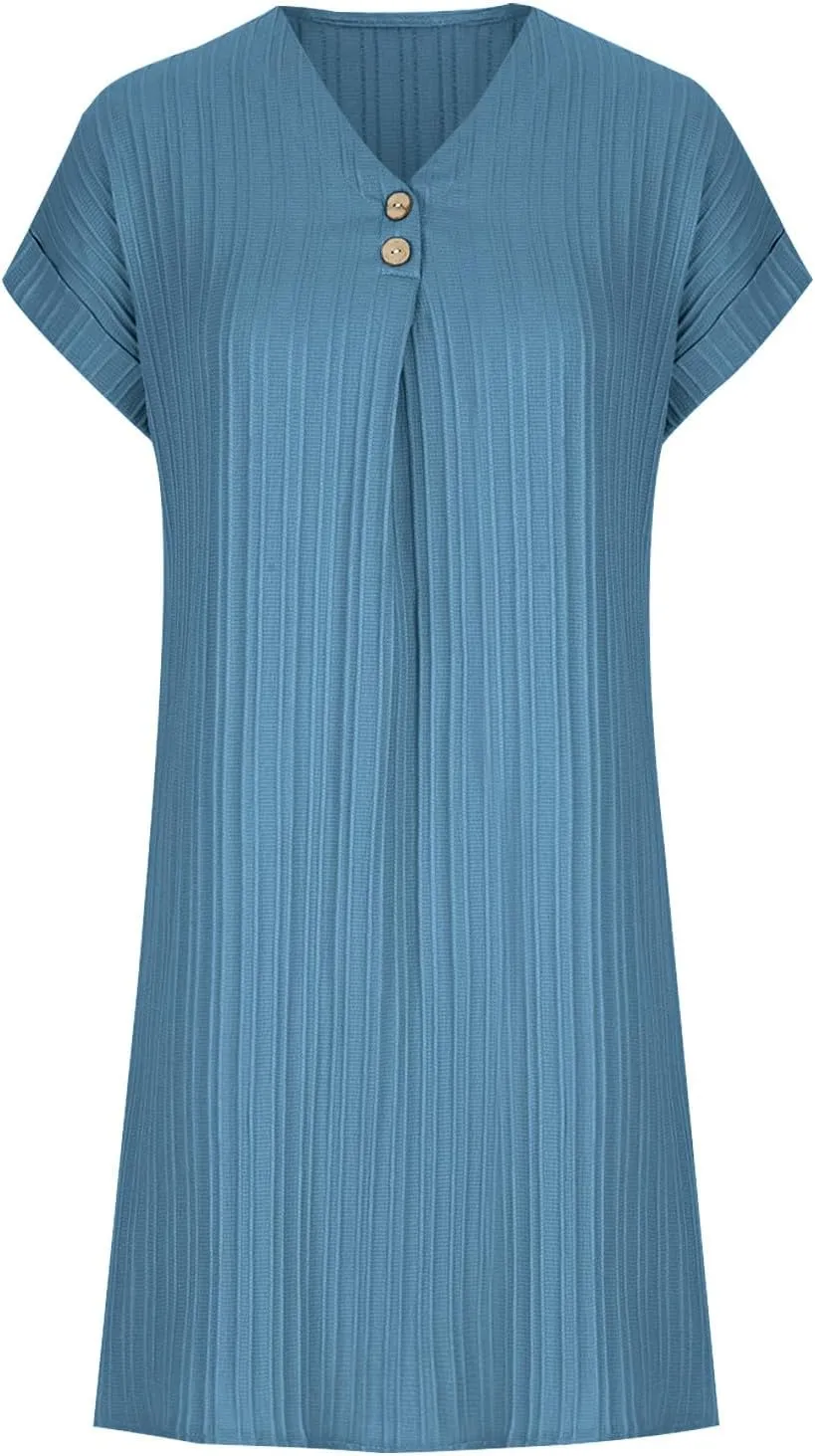Summer Dresses for Women 2024 Casual V Neck Roll Up Cap Sleeve Mini Dress Beach Vacation A Line Pleated Sundress