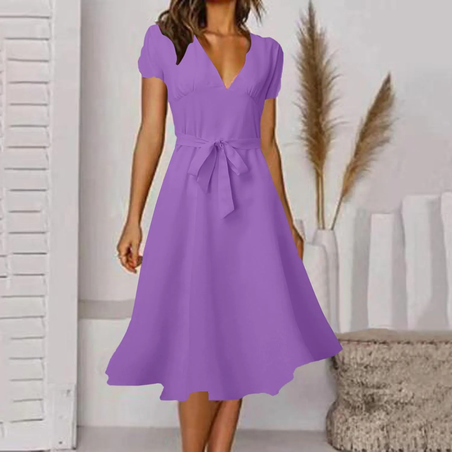 Summer Dresses for Women 2024 Vacation V Neck Beach Dress Elegant A Line Midi Dress Knee Length Tie Front Casual Dress
