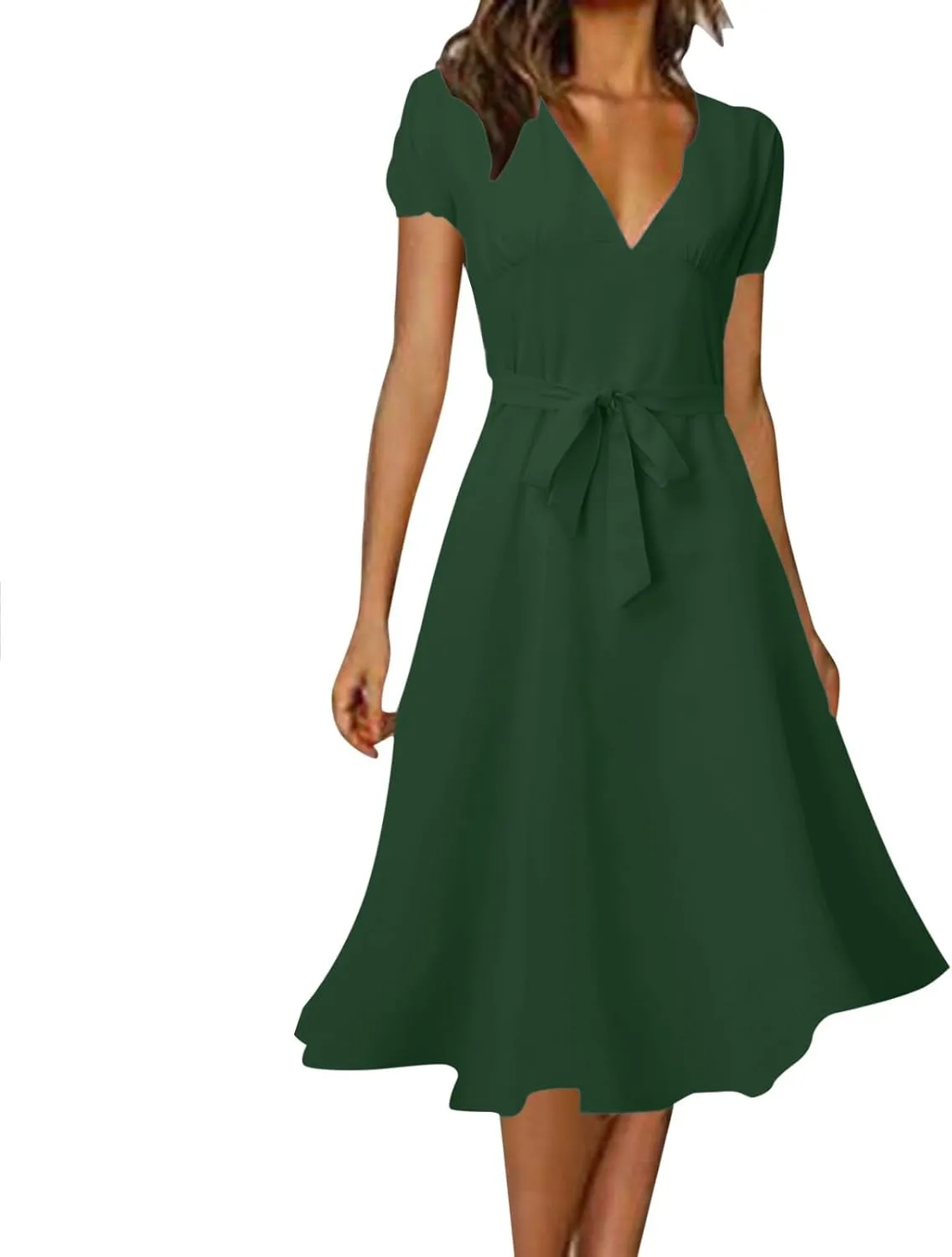 Summer Dresses for Women 2024 Vacation V Neck Beach Dress Elegant A Line Midi Dress Knee Length Tie Front Casual Dress