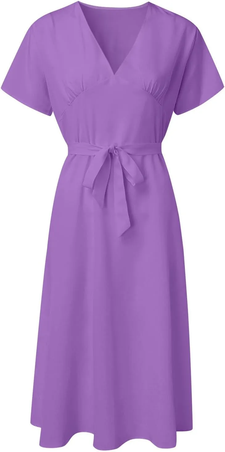 Summer Dresses for Women 2024 Vacation V Neck Beach Dress Elegant A Line Midi Dress Knee Length Tie Front Casual Dress