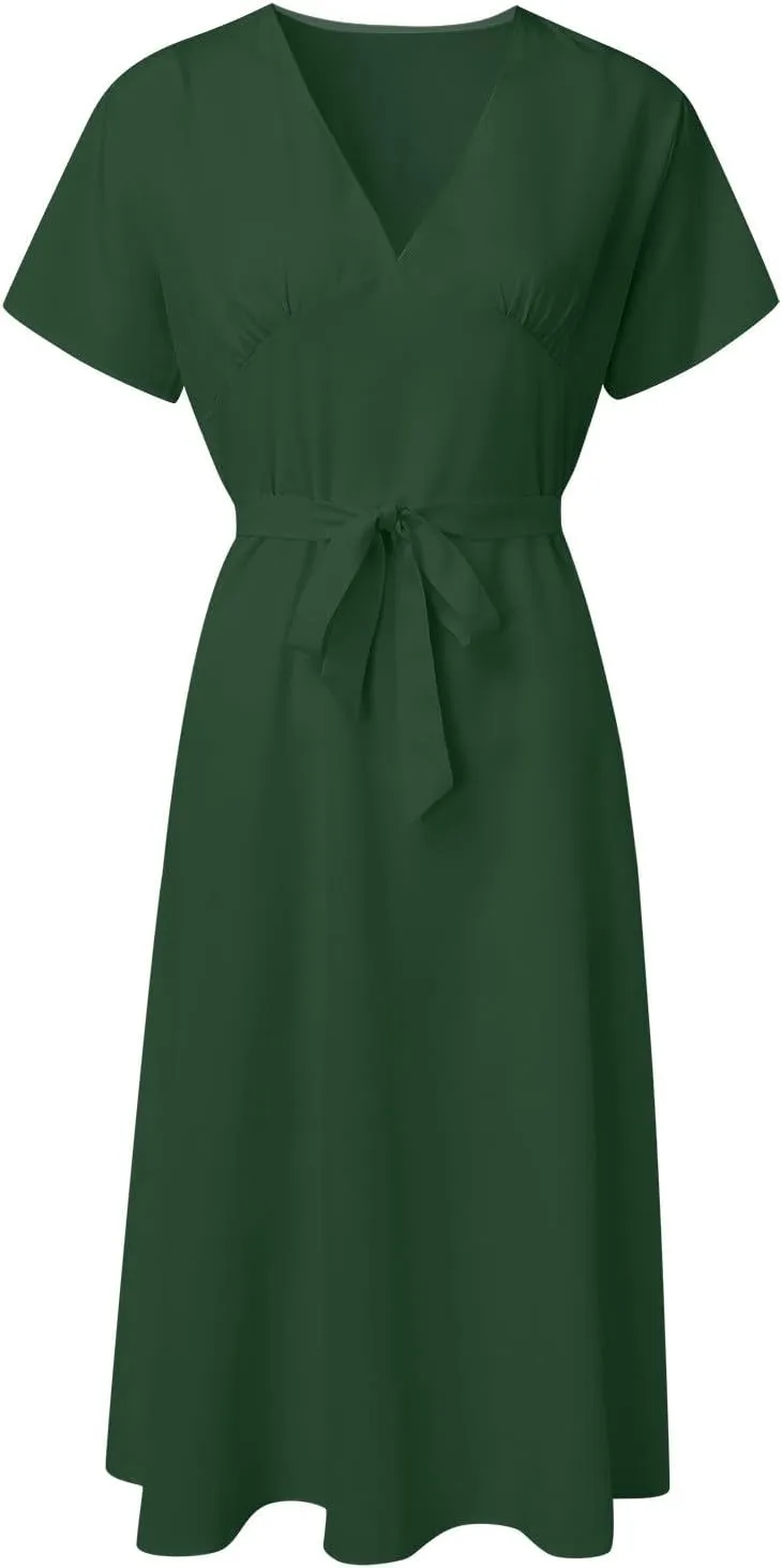 Summer Dresses for Women 2024 Vacation V Neck Beach Dress Elegant A Line Midi Dress Knee Length Tie Front Casual Dress