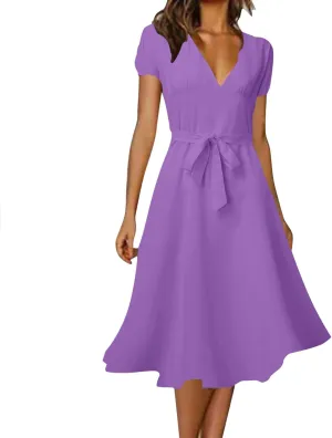 Summer Dresses for Women 2024 Vacation V Neck Beach Dress Elegant A Line Midi Dress Knee Length Tie Front Casual Dress