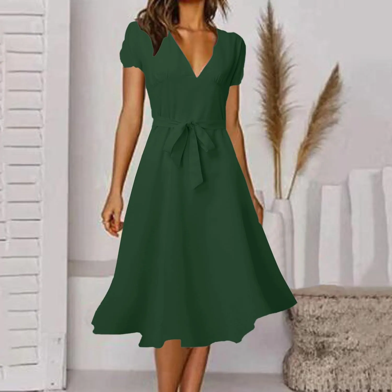 Summer Dresses for Women 2024 Vacation V Neck Beach Dress Elegant A Line Midi Dress Knee Length Tie Front Casual Dress