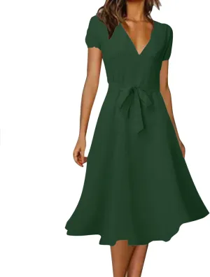 Summer Dresses for Women 2024 Vacation V Neck Beach Dress Elegant A Line Midi Dress Knee Length Tie Front Casual Dress