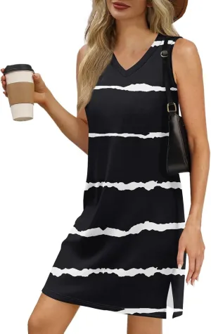 Summer Dresses for Women 2025 Casual Floral Sundresses Sleeveless T Shirt Dresses Beach Loose Tank Dress with Split