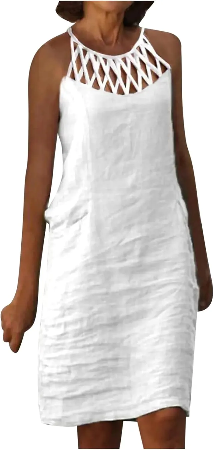 Summer Dresses for Women 2025 Casual Trendy Hollow Out Halter Neck A-line Sundress Beach Vacation Outfits Midi Dress