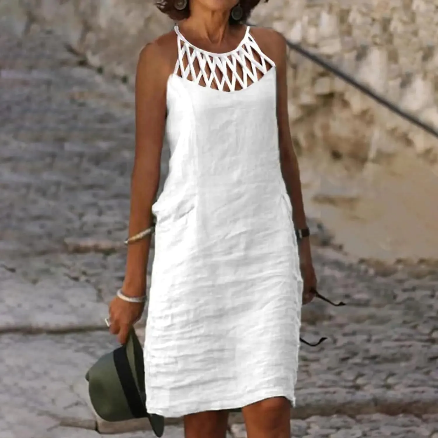 Summer Dresses for Women 2025 Casual Trendy Hollow Out Halter Neck A-line Sundress Beach Vacation Outfits Midi Dress