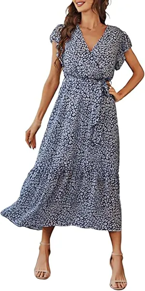Summer Dresses for Women 2025 Floral Boho Dress Wrap V Neck Short Sleeve Ruffle A-Line Flowy Maxi Wedding Guest Dresses