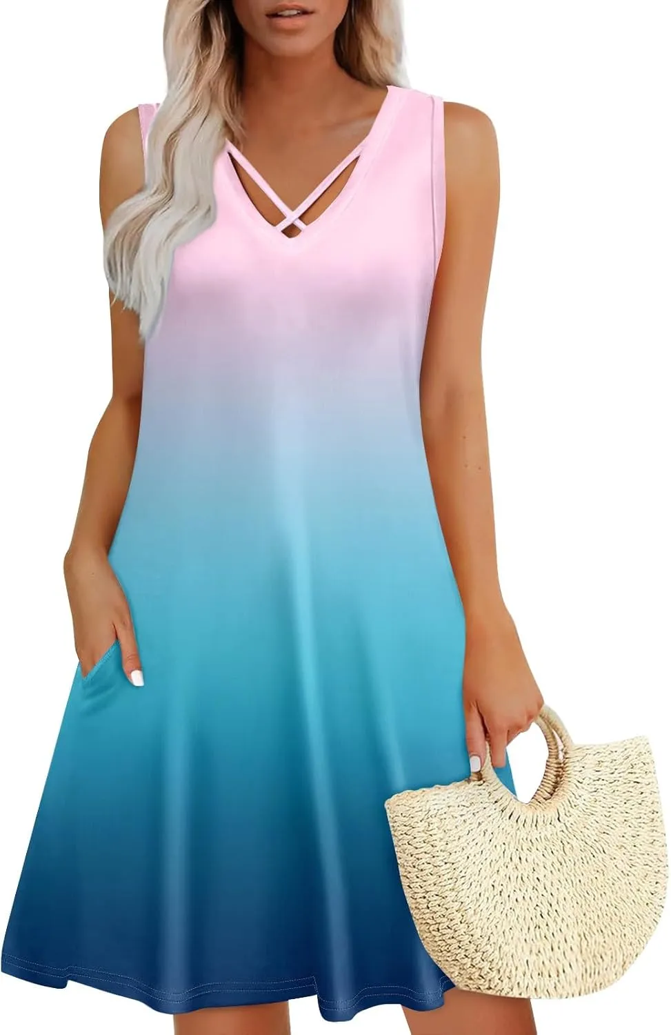 Summer Dresses for Women 2025 Loose Boho Beach Tank Dress V Neck Casual T Shirt Dresses Floral Sleeveless Sundresses