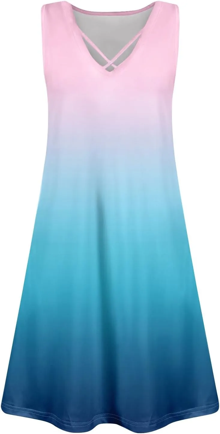 Summer Dresses for Women 2025 Loose Boho Beach Tank Dress V Neck Casual T Shirt Dresses Floral Sleeveless Sundresses