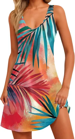 Summer Dresses for Women 2025 Loose Floral Tank Dress V-Neck Casual Sundresses Boho Beach Sleeveless T Shirt Dresses