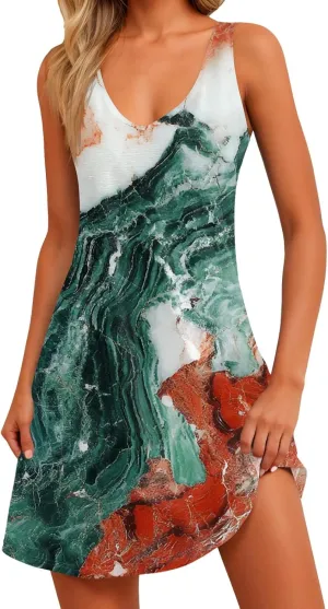 Summer Dresses for Women 2025 Sleeveless Loose Sundresses V Neck Boho Beach T Shirt Dresses Casual Floral Tank Dress