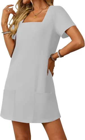 Summer Dresses for Women 2025 Square Neck Short Sleeve Loose Mini Dress with Pocket Fashion Trendy Dressy Dresses