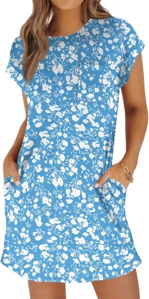 Summer Dresses for Women 2025s Casual Cap Sleeve Crewneck Loose Mini Dresses Casual Floral Beach T Shirt Dres