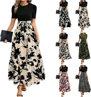 Summer Dresses for Women Puff Sleeve Maxi Dress Casual Flowy Floral Short Sleeve Sundress with Belt