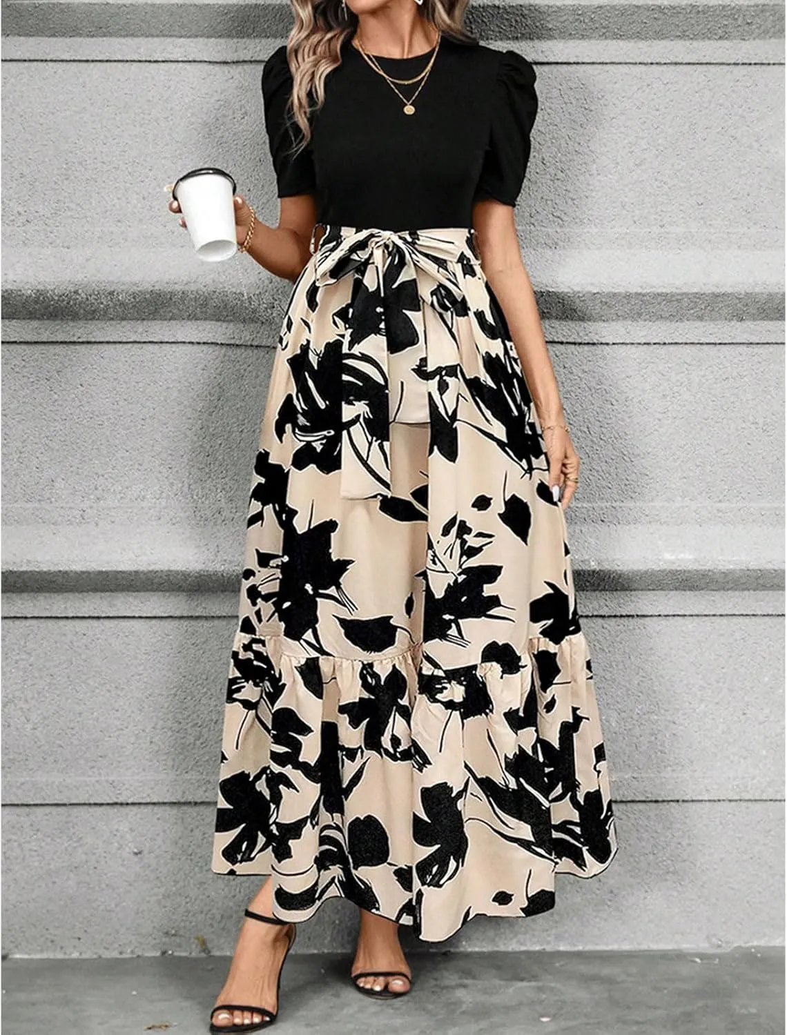 Summer Dresses for Women Puff Sleeve Maxi Dress Casual Flowy Floral Short Sleeve Sundress with Belt