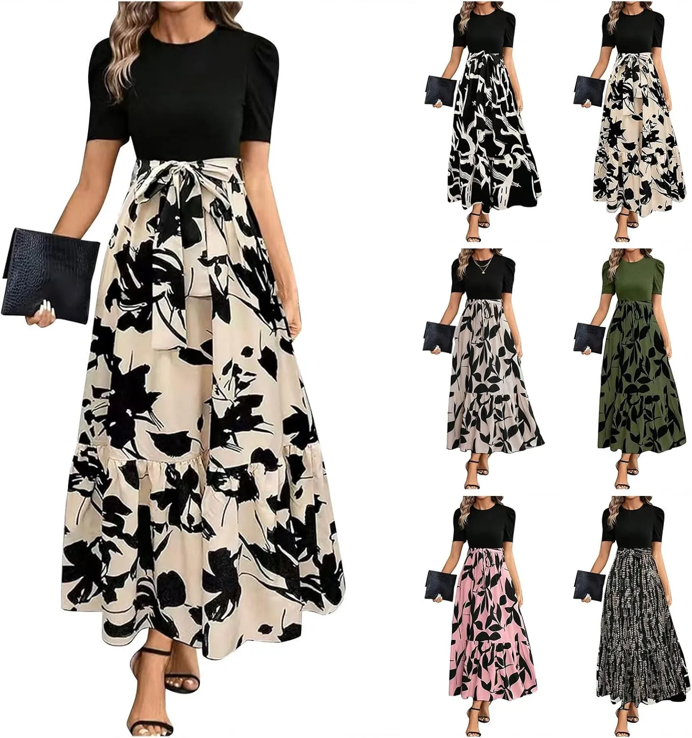 Summer Dresses for Women Puff Sleeve Maxi Dress Casual Flowy Floral Short Sleeve Sundress with Belt