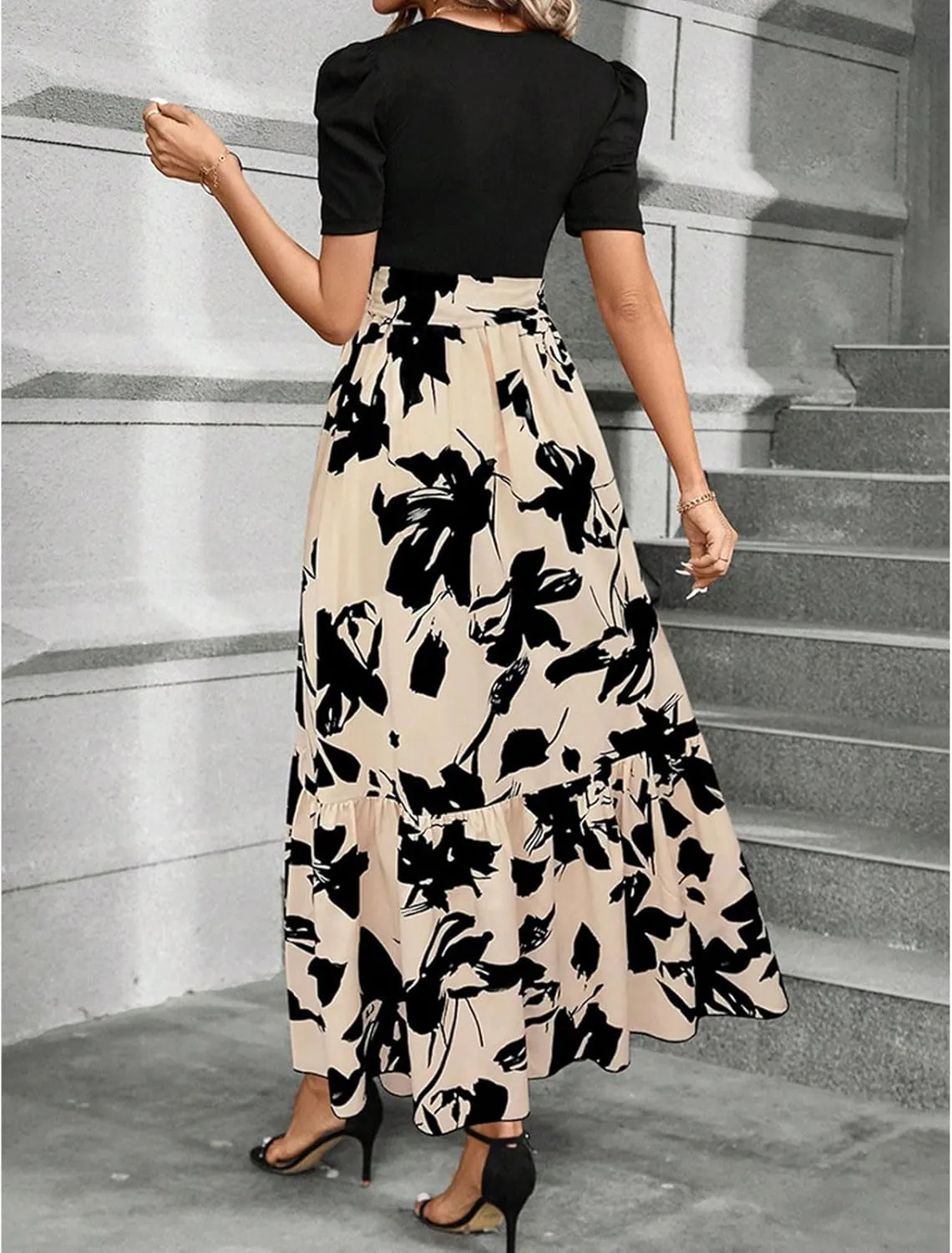 Summer Dresses for Women Puff Sleeve Maxi Dress Casual Flowy Floral Short Sleeve Sundress with Belt