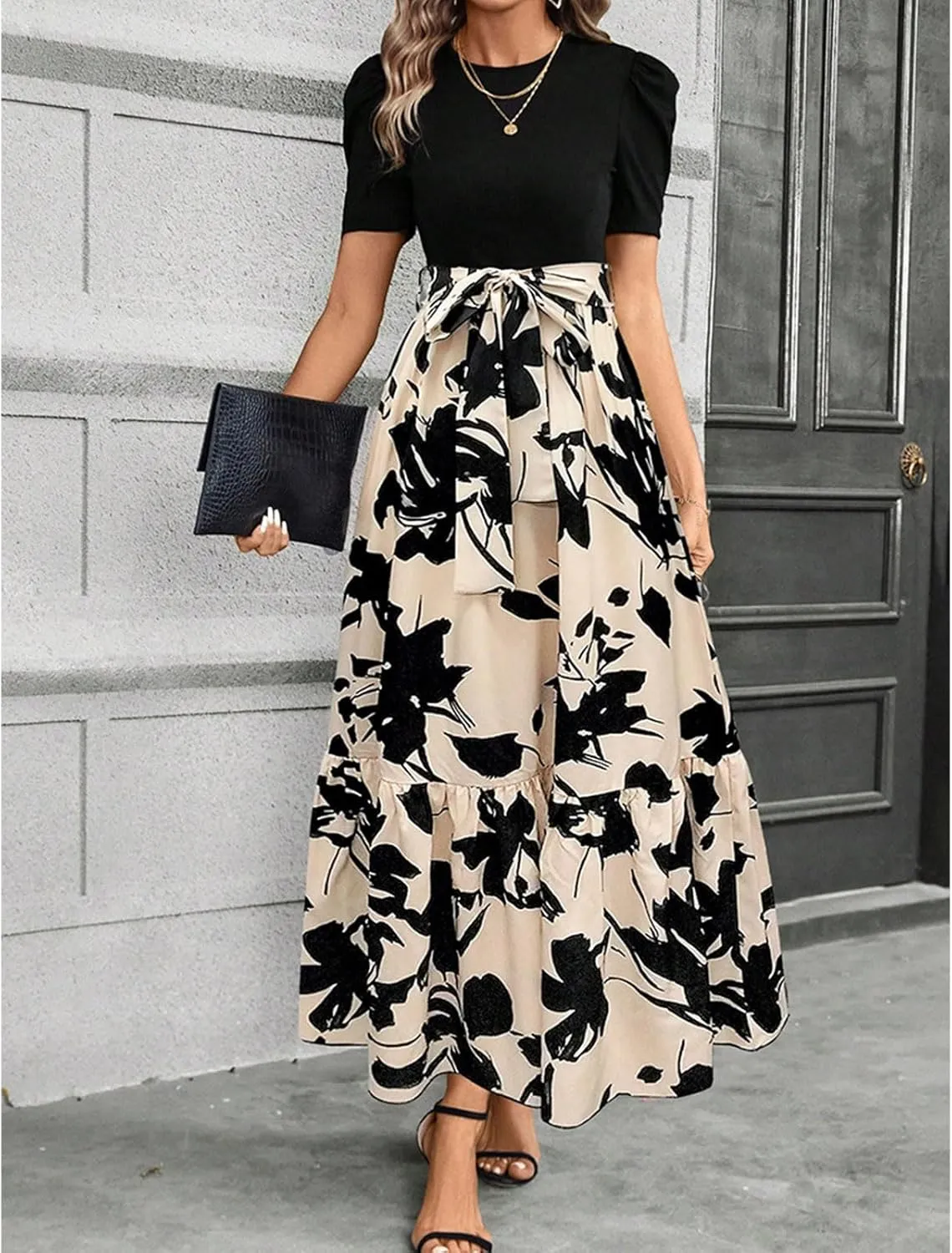 Summer Dresses for Women Puff Sleeve Maxi Dress Casual Flowy Floral Short Sleeve Sundress with Belt